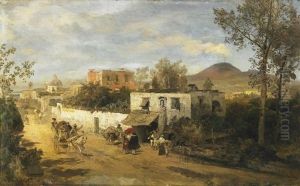 Landstrase Bei Pompeji. Im Hintergrund Der Rauchende Vesuv by Oswald Achenbach