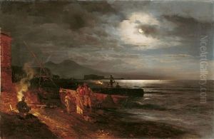 Die Bucht Von Neapel Im Mondlicht by Oswald Achenbach