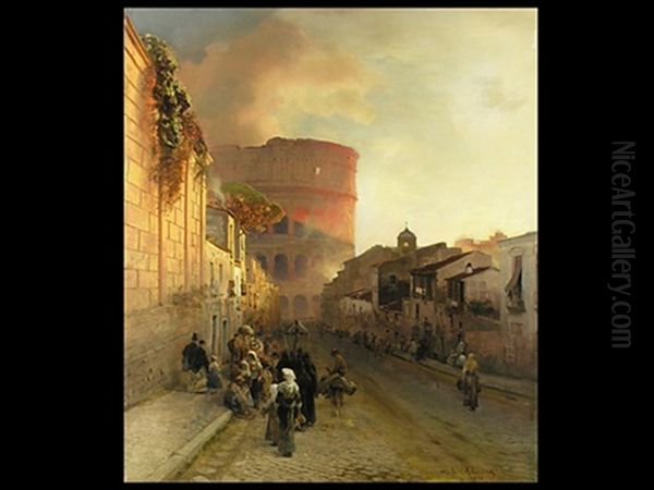 Romische Altstadtgasse Mit Blick Auf Das Colosseum Im Abendlicht, Mit Zahlreicher Personenstaffage, Darunter Eine Prozession - view 1