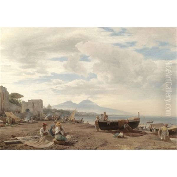 Fischer Am Strand Von Amalfi, Im Hintergrund Der Vesuv (fishermen On The Amalfi Coast With Mount Vesuvius Beyond) - view 1