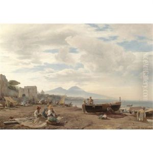 Fischer Am Strand Von Amalfi, Im Hintergrund Der Vesuv (fishermen On The Amalfi Coast With Mount Vesuvius Beyond) by Oswald Achenbach