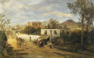 Landstrase Bei Pompei. Im Hintergrund Der Rauchende Vesuv