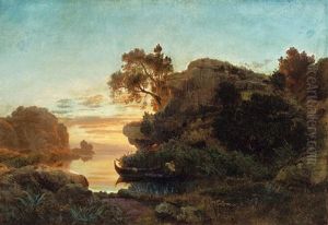 Ligurische Kustenlandschaft Bei Sonnenuntergang by Oswald Achenbach