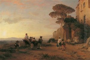 Landleute Vor Einer Villa In Der Romischen Campagna by Oswald Achenbach