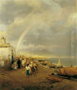 Abziehendes Gewitter Und Ein Regenbogen Uber Dem Golf Von Neapel