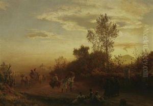 Buntes Treiben Auf Einer Landstrase Bei Neapel. Im Hintergrund Der Aktive Vesuv Im Abendrot Buntes Treiben Auf Einer Landstrase Bei Neapel. Im Hintergrund Der Aktive Vesuv Im Abendrot