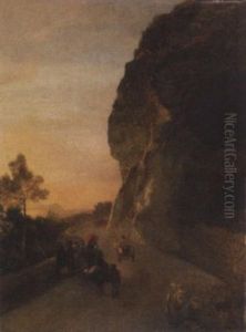 Abendstimmung Uber Der Bucht Von Neapel Mit Serpentinenstrase Und Reisenden by Oswald Achenbach