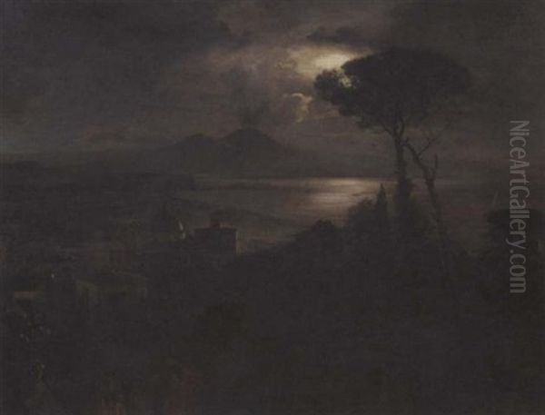 Musicians In The Streets Of Naples At Night, With Vesuvius And Mount Somma In The Distance - view 1