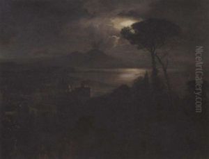 Musicians In The Streets Of Naples At Night, With Vesuvius And Mount Somma In The Distance by Oswald Achenbach