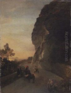 Abendstimmung Uber Der Bucht Von Neapel Mit Serpinenstrase Und Reisenden by Oswald Achenbach