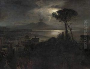 Musicians In The Streets Of Naples At Night, With The Vesuvius And Mount Somma In The Distance by Oswald Achenbach