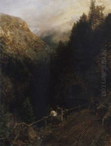 Alpenlandschaft Mit Einer Kutsche Und Einem Beladenen Esel