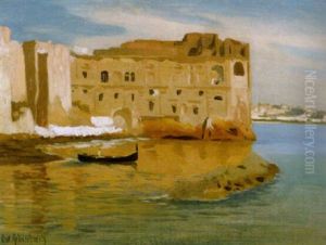 Der Palast Der Konigen Johanna Vor Der Brucht Von Neapal by Oswald Achenbach