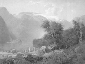 Kornhocken Am Ufer Eines Alpensees by Oswald Achenbach