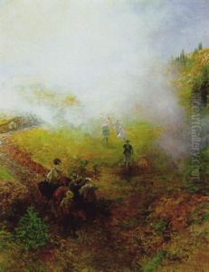 Herbstfeuer, Italienische Gebirgslandschaft Mit Reisenden by Oswald Achenbach