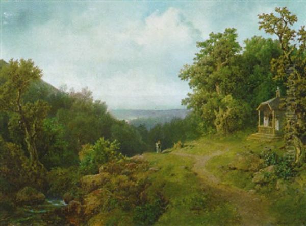 Waldlandschaft Mit Einem Bachlauf Links, Einem Wanderer Und Einer Waldkapelle Rechts - view 1