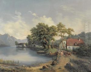 Sommerliche Landschaftspartie Mit Gehoft An Bergsee.