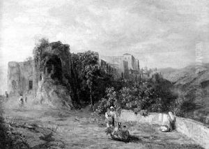 Sudlandisches Bergdorf Im Abendsonnenlicht by Oswald Achenbach