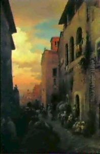 Strassenszene In Einer Suditalienischen Kleinstadt by Oswald Achenbach