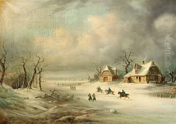 Winter Scene With Soldiers On Horseback - view 1