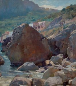 Town By Rocky Waters by August Achtenhagen