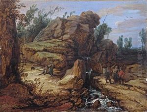 A Rocky, Mountainous Landscape With Figures Conversing Near A Waterfall by Lucas Achtschellinck