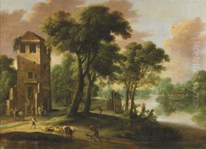Berger Et Cavalier Pres D'une Tour Dans Un Paysage Fluvial