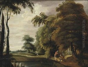 A Wooded Landscape With Travelers On A Track Near A Pond by Lucas Achtschellinck