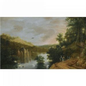 An Extensive River Landscape With Elegant Travellers, A Chateau On The Banks Of The River