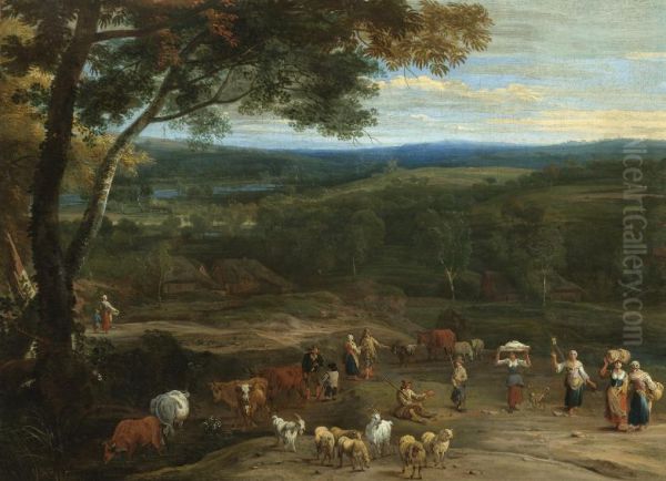 An Extensive Landscape With Figures On High Ground Passing A Herdsman Grazing His Cattle And Sheep - view 1