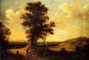 Cavalier Et Paysans Sur Un Chemin Pres D'arbres Devant Un Paysage Panoramique