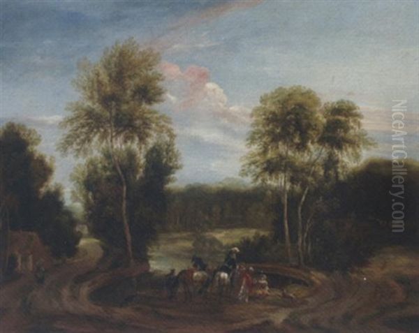 A Wooded Landscape With A Hunting Party At Halt By A Pond, With Two Women Serving Wine - view 1