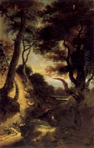 Grose Waldlandschaft Mit Reisenden by Lucas Achtschellinck