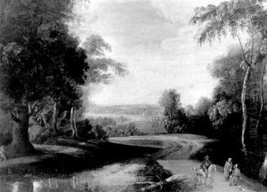Cavalier Et Paysans Sur Un Chemin Pres D'une Riviere Dans Un Paysage Boise