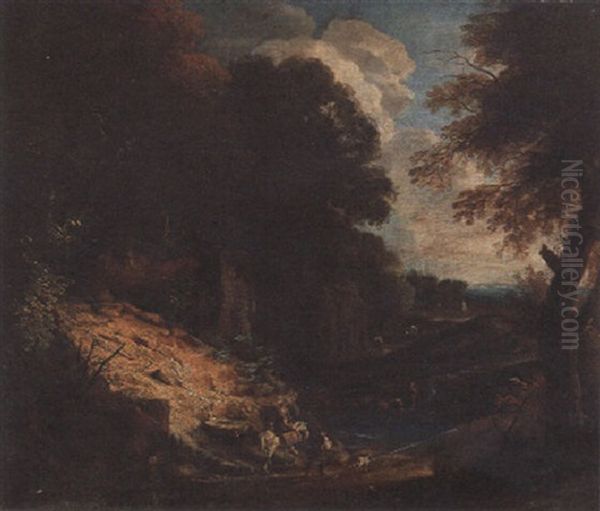 A Wooded River Landscape With Travellers On A Path, A House Beyond - view 1