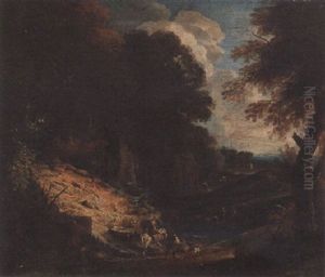 A Wooded River Landscape With Travellers On A Path, A House Beyond by Lucas Achtschellinck
