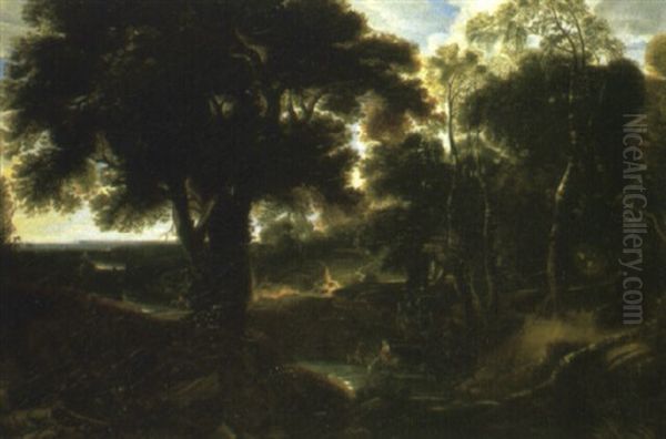 A Wooded Landscape With Peasants Watering Horses At A Stream - view 1
