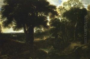 A Wooded Landscape With Peasants Watering Horses At A Stream by Lucas Achtschellinck