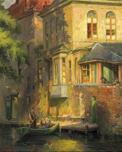 Partie In Brugge. Personen Im Ruderboot Vor Einem Haus Am Kanal