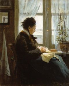 Vieille Femme Cousant Devant La Fenetre