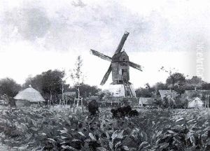 A Landscape By The Mill Of St. Michiels, Near Brugge by Florimond Van Acker