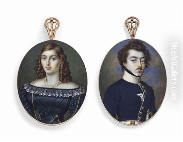 A Pair Of Miniatures: A Young Officer In White-bordered Blue Uniform With White Collar;  Together With A Young Lady, Probably His Wife, In Black Silk Dress With White Lace Collar (2 Works) - view 1