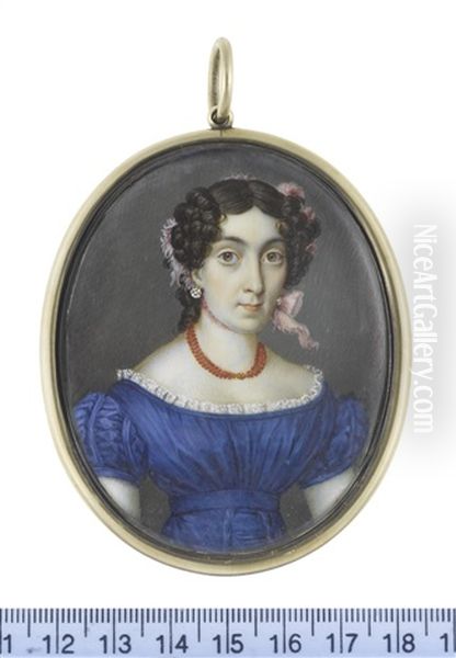 A Lady, Wearing Blue Decollete Dress With Ruched Cap Sleeves And Waist Belt, White Lace Trim, Multi-stranded Coral Necklace, Diamond Pendent Earrings - view 1