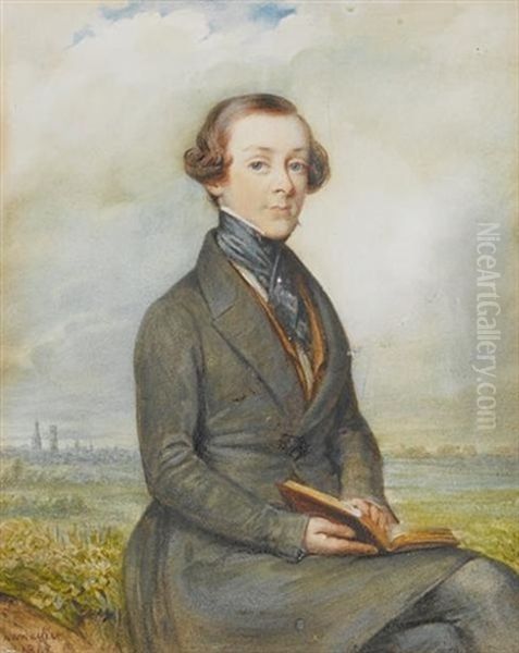 A Young Gentleman, Seated In A Landscape Holding An Open Book, Wearing Grey Frock Coat, Tan Waistcoat, White Chemise And Black Cravat Held With Stickpin - view 1