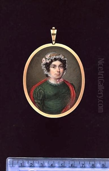 A Lady Of The Harrington Or Wright Family, Wearing Green Dress With White Gauze Collar, Red Shawl Over Her Shoulders And White Lace Cap Dressed With Pink Roses - view 1