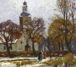 Niederrheinische Dorfkirche Mit Personenstaffage Im Winter