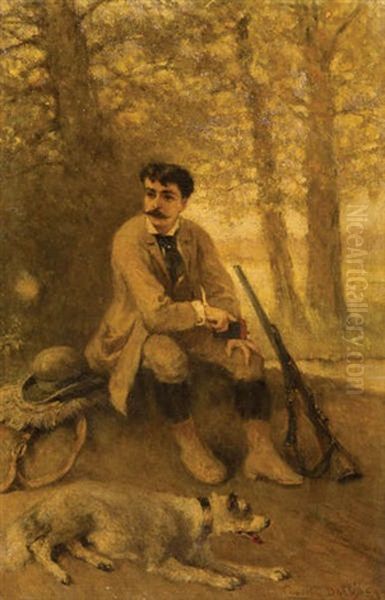 Chasseur Et Chien Au Repos Dans La Foret - view 1
