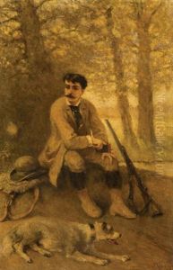 Chasseur Et Chien Au Repos Dans La Foret by Cesare Felix Georges dell' Acqua