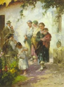Bauernfamilie In Frohlichem Beisammensein Vor Dem Haus by Agoston Acs