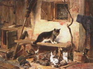 Katze Mit Vier Jungen Vor Bauernhaus by Julius Adam the Elder